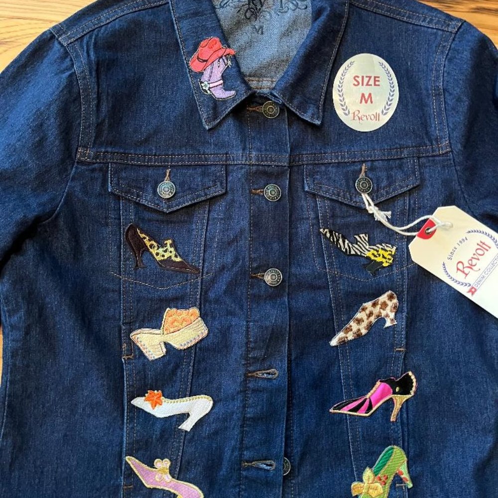 NWT Revolt Jeans Jean Jacket, Medium, With Shoe Patches & Appliques